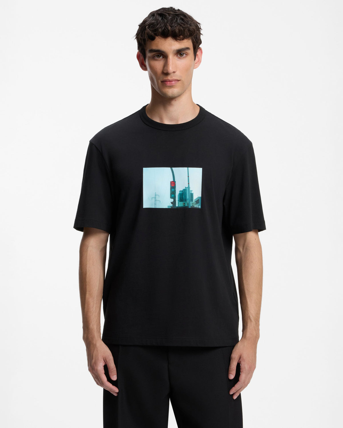 HUGO Diboul Mens Relaxed-fit cotton T-shirt with photographic print  - Black 001 front