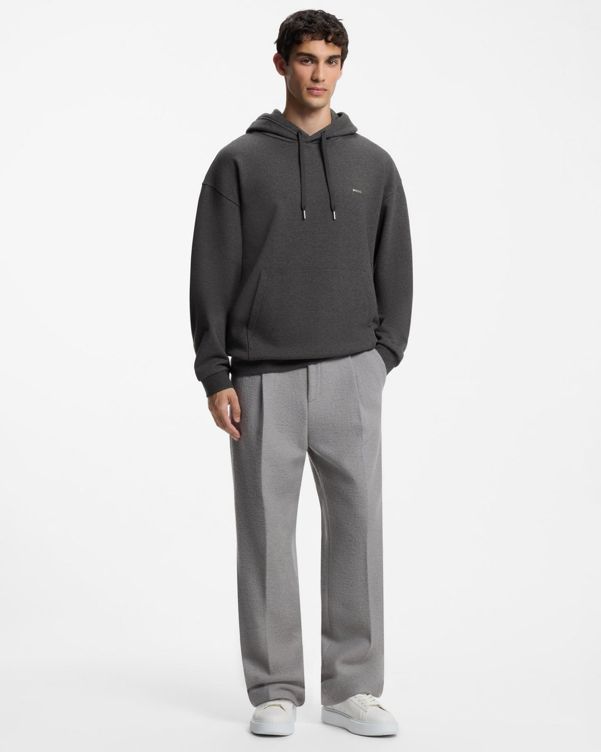 HUGO Damonhood Mens Relaxed-fit pullover hoodie  - Dark Grey 003