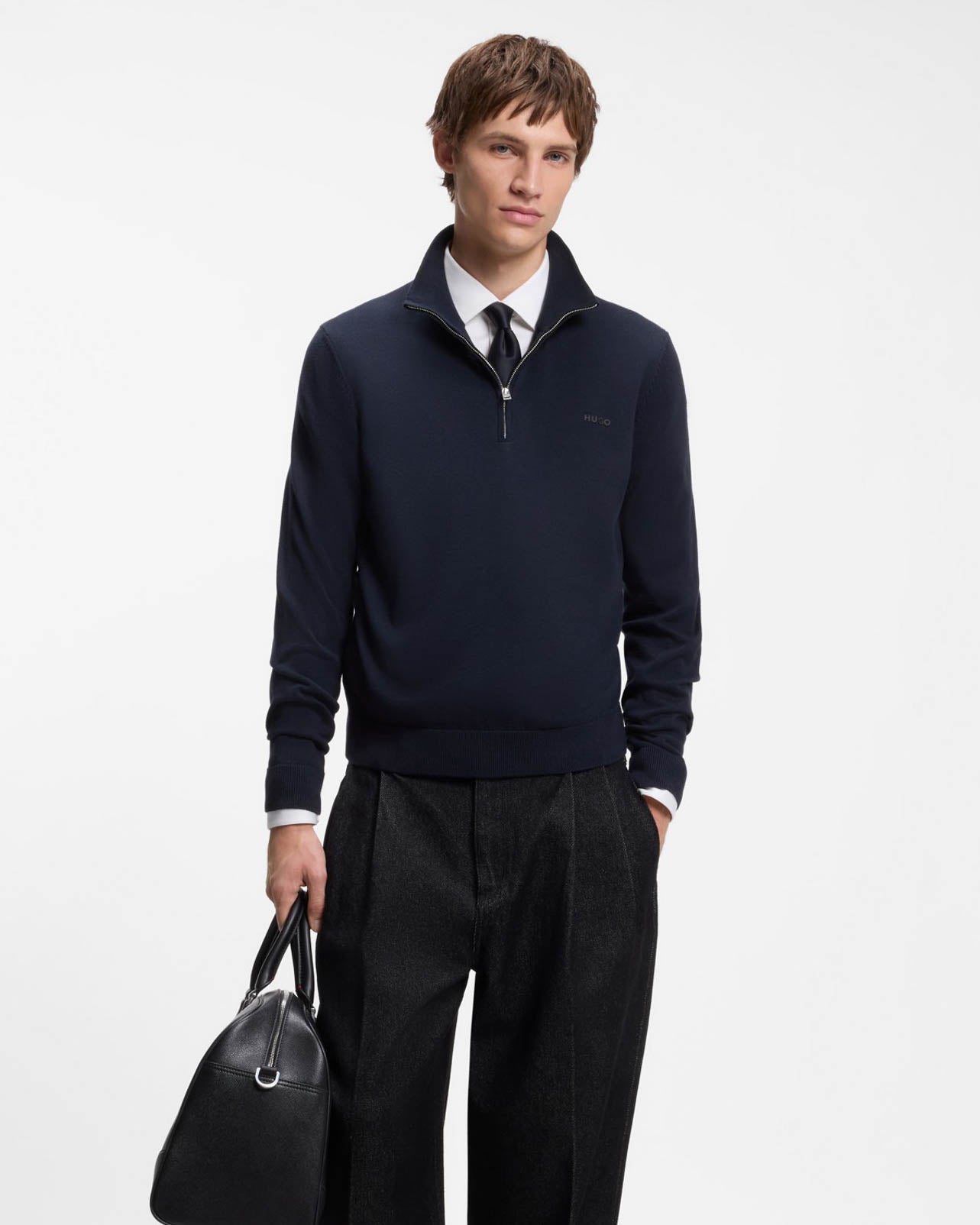 HUGO San Quintus - C2 Mens 1/4 Zip Funnel Neck Jumper - Navy 410 | CHO | Designer Mens,Knitwear,Jumpers,Quarter Zip Jumpers