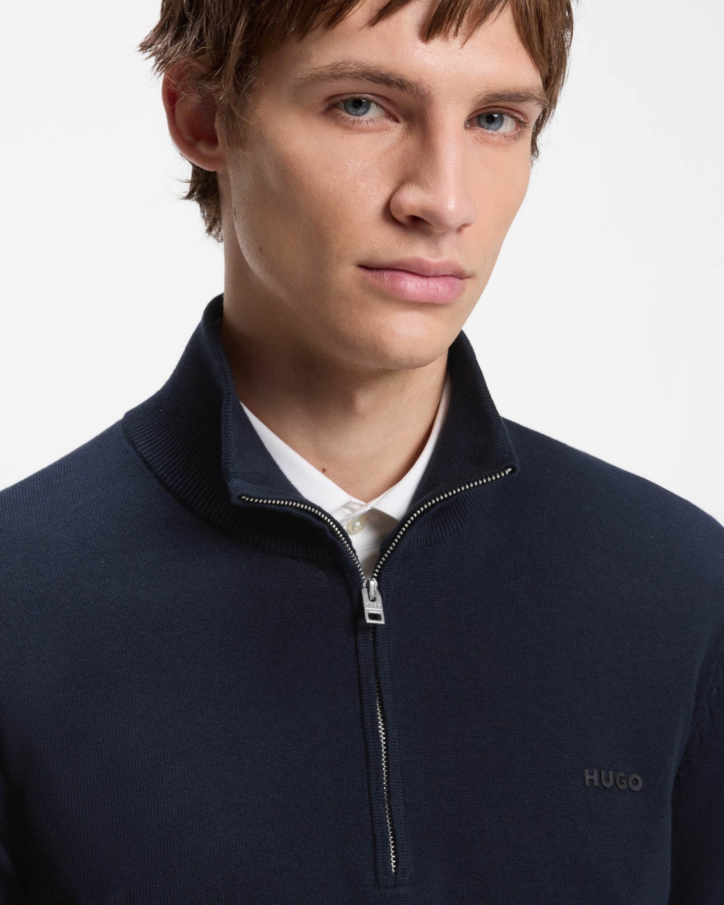 HUGO San Quintus - C2 Mens 1/4 Zip Funnel Neck Jumper - Navy 410 | CHO | Designer Mens,Knitwear,Jumpers,Quarter Zip Jumpers