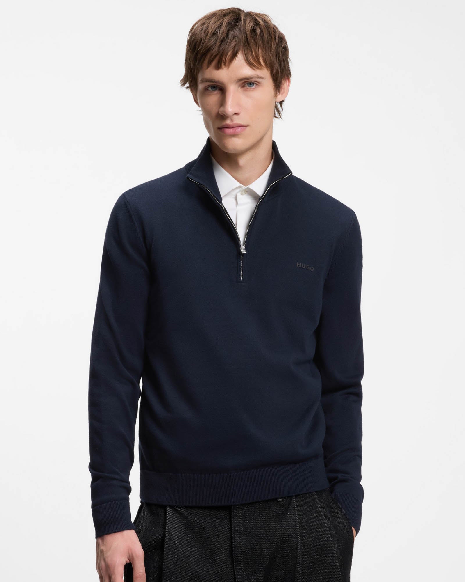 HUGO San Quintus - C2 Mens 1/4 Zip Funnel Neck Jumper - Navy 410 | CHO | Designer Mens,Knitwear,Jumpers,Quarter Zip Jumpers