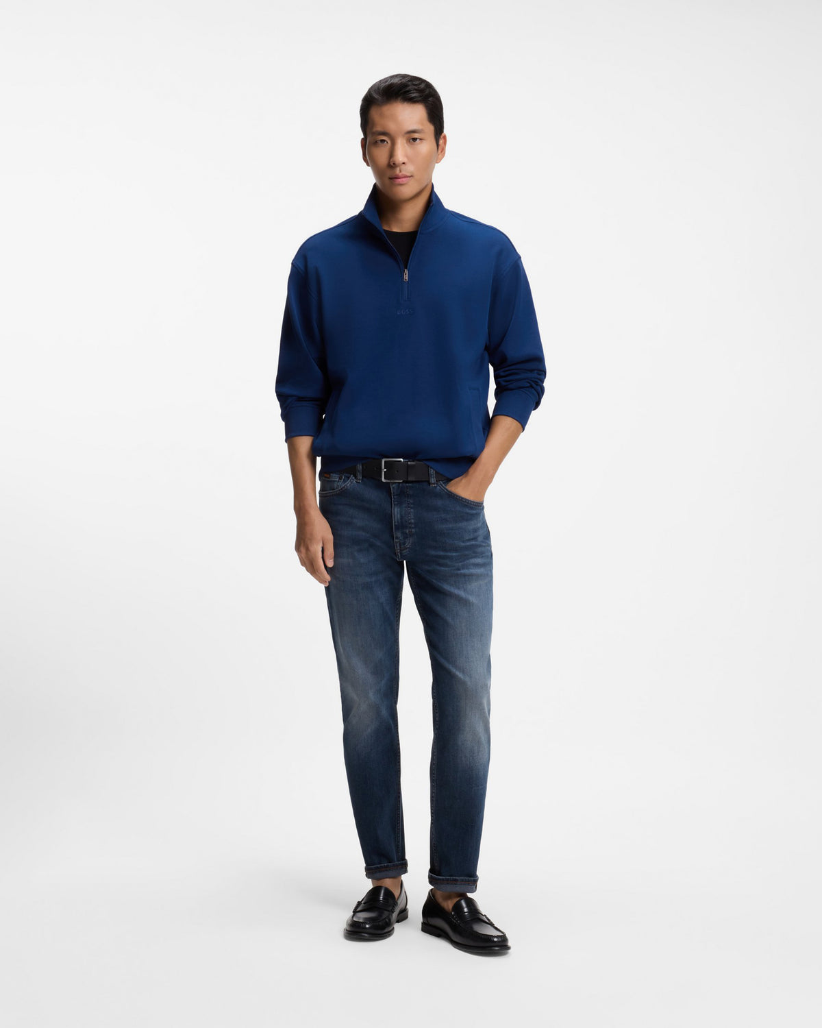 BOSS Orange Ze Chup Mens Quarter Zip Sweatshirt - Navy 417 full length front