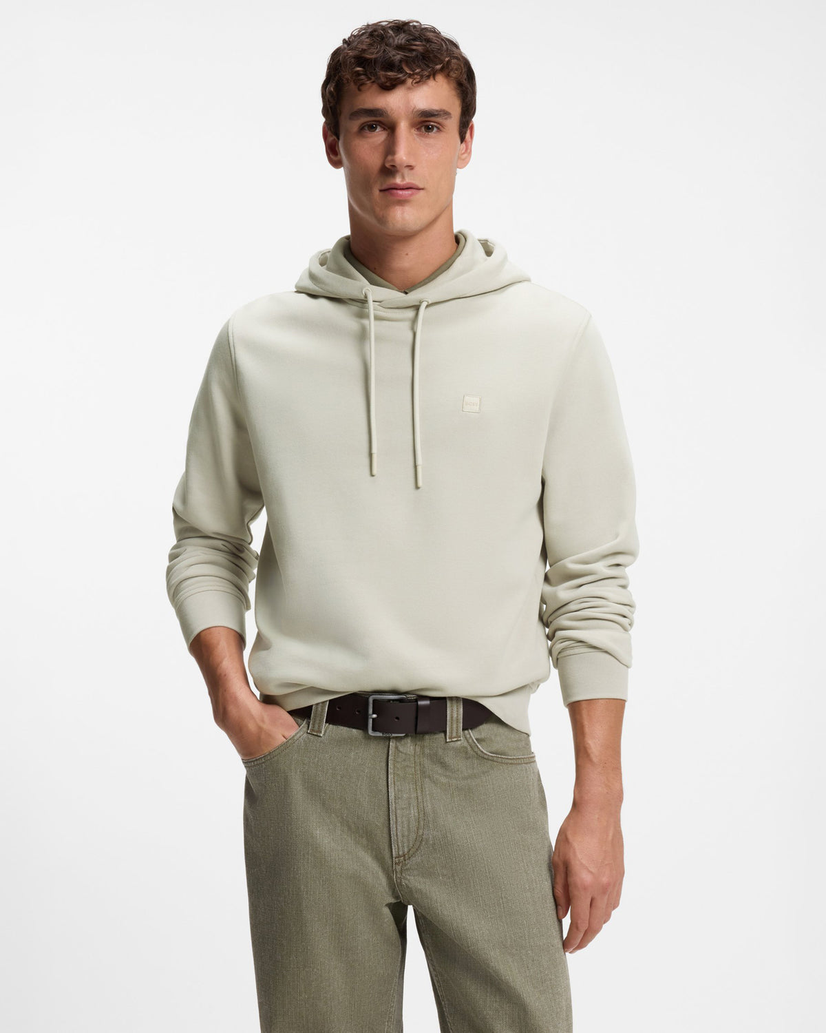 BOSS Orange We Talk Mens Pullover hoodie with logo patch  - Light Beige 271 front