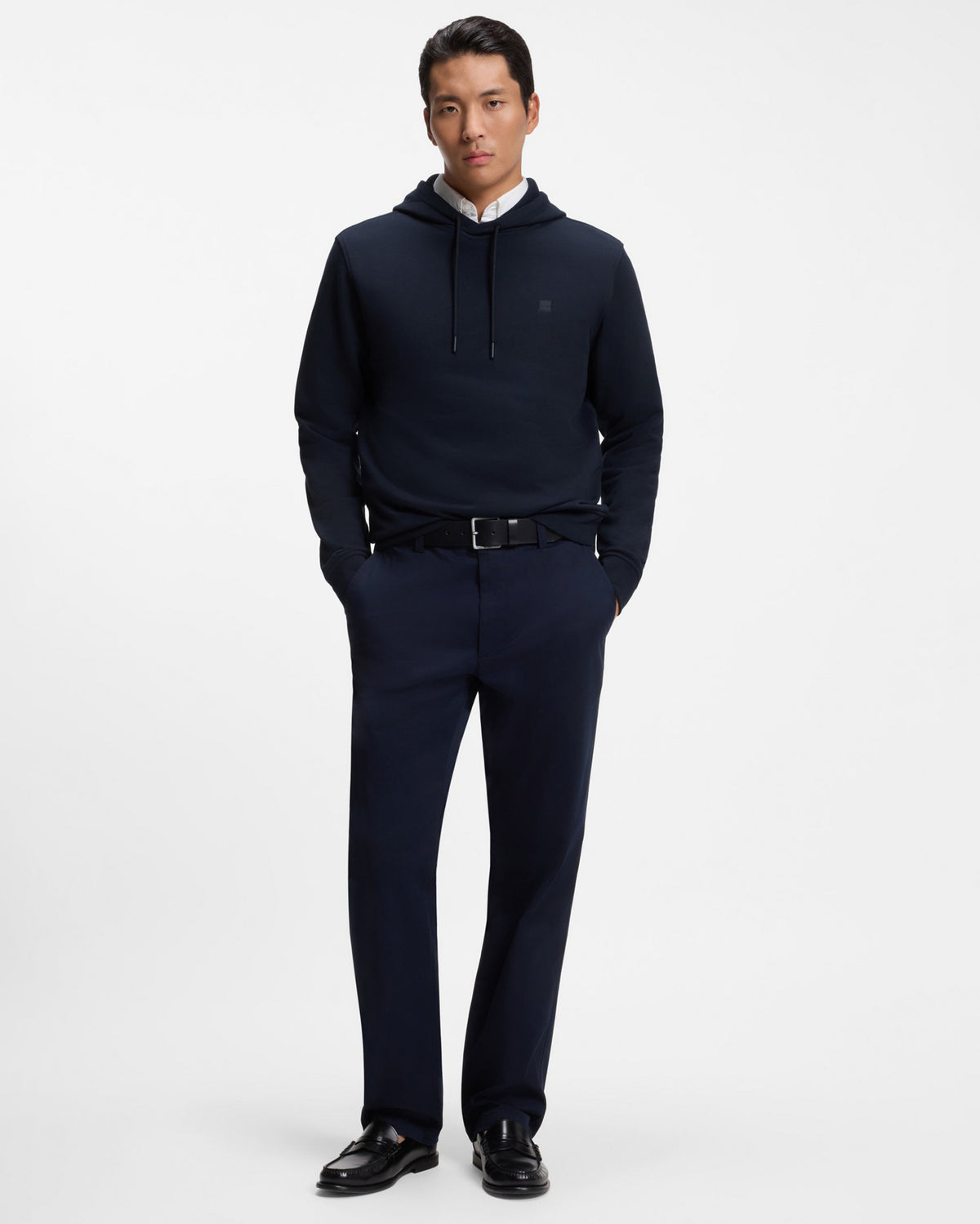 BOSS Orange We Talk Mens Pullover hoodie with logo patch  - Dark Blue 404 full length, front