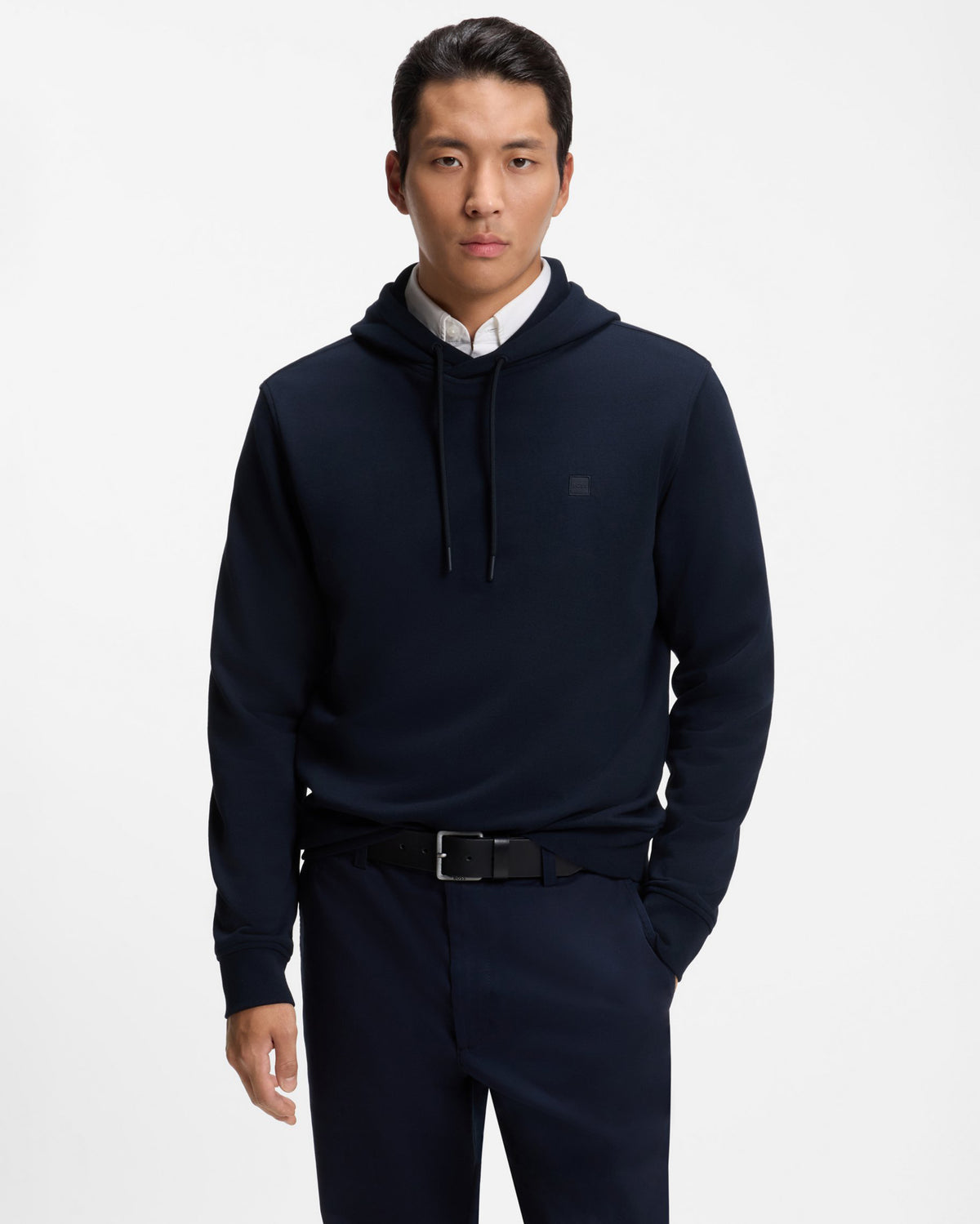 BOSS Orange We Talk Mens Pullover hoodie with logo patch  - Dark Blue 404 front