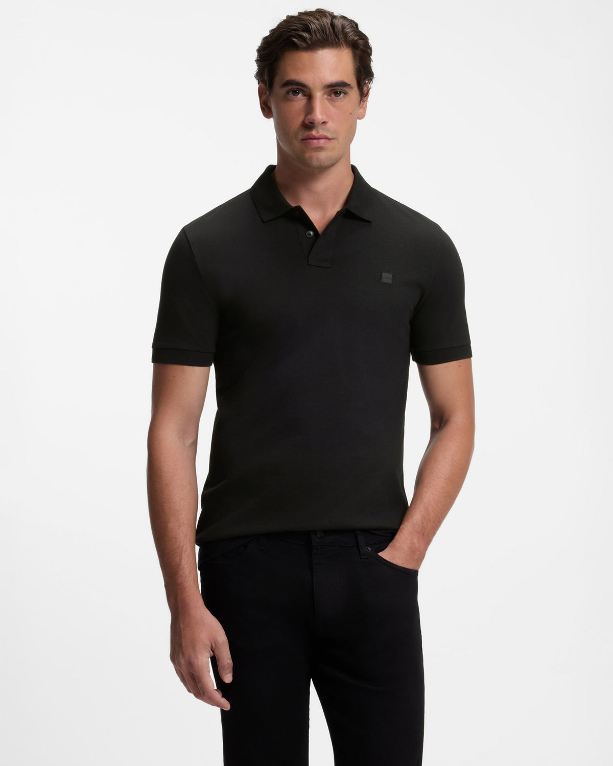 BOSS Orange Pe Passenger Mens Short Sleeve 2-Button Polo Shirt - Black 001 front