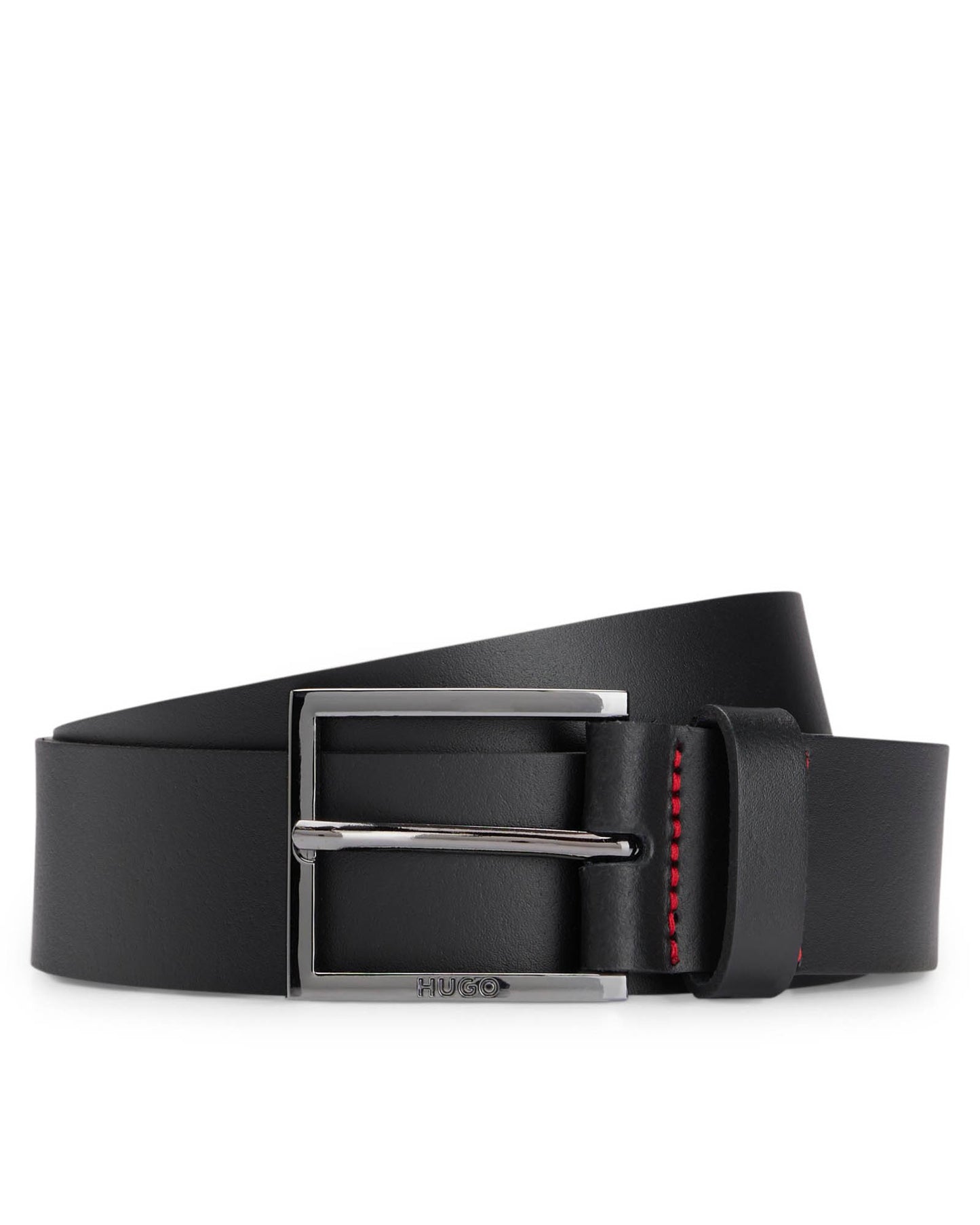 HUGO Geek Mens Smooth-Leather Belt with Brushed-Silver Buckle  - Black 001