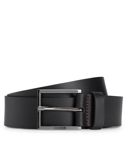 HUGO Geek Mens Smooth-Leather Belt with Brushed-Silver Buckle  - Black 001