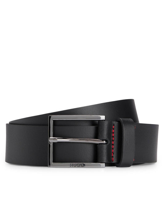 HUGO Geek Mens Smooth-Leather Belt with Brushed-Silver Buckle  - Black 001