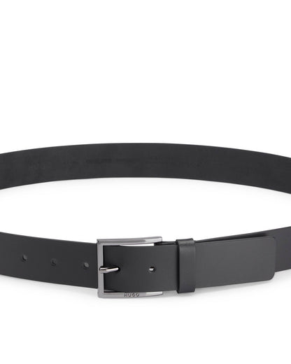 HUGO Geek Mens Smooth-Leather Belt with Brushed-Silver Buckle  - Black 001