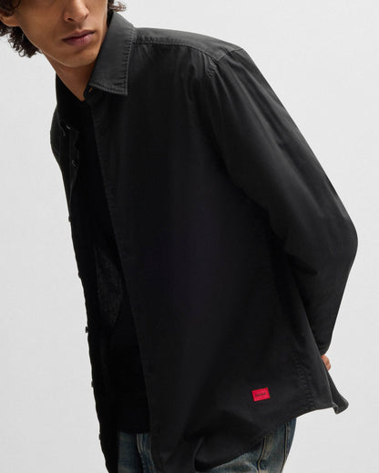 HUGO Ermo Mens Slim-Fit Shirt in Stretch-Cotton Canvas  - Black 001