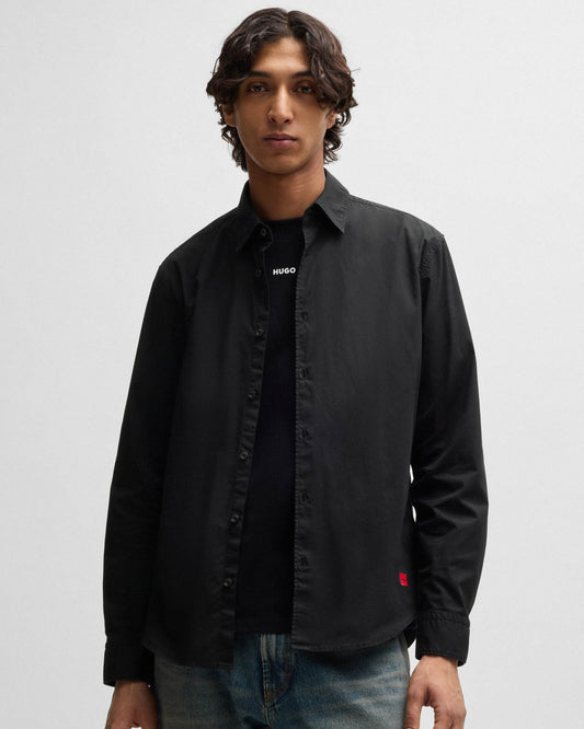 HUGO Ermo Mens Slim-Fit Shirt in Stretch-Cotton Canvas  - Black 001