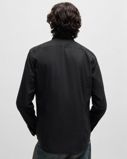 HUGO Ermo Mens Slim-Fit Shirt in Stretch-Cotton Canvas  - Black 001