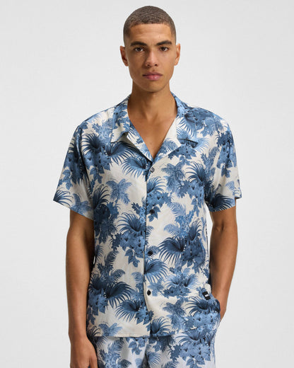 BOSS Orange Mens Short Sleeve Floral Print Beach Shirt - Open Blue 483