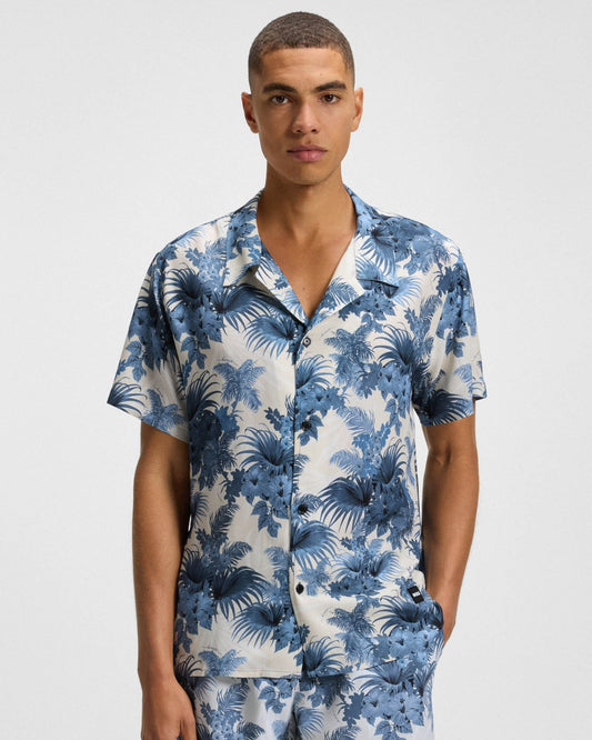 BOSS Orange Mens Short Sleeve Floral Print Beach Shirt - Open Blue 483