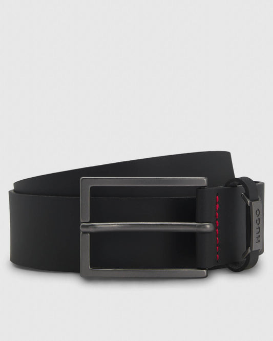 HUGO Gabriel Mens Buffalo-Leather Belt with Logo Keeper and Polished Hardware - Black 002