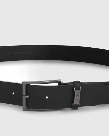 HUGO Gabriel Mens Buffalo-Leather Belt with Logo Keeper and Polished Hardware - Black 002