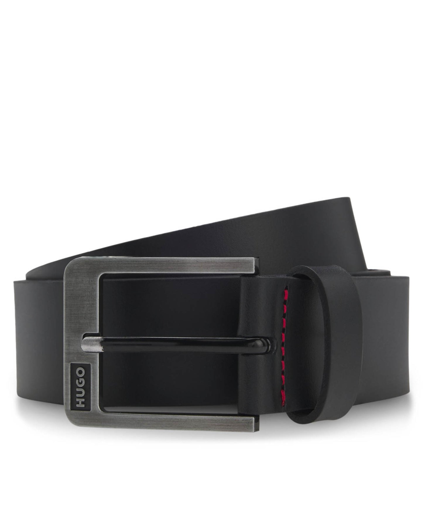 HUGO Grover Mens Italian-Leather Belt with Brushed Logo Buckle  - Black 001