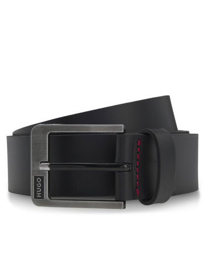 HUGO Grover Mens Italian-Leather Belt with Brushed Logo Buckle  - Black 001