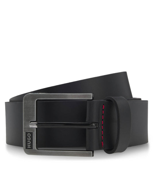 HUGO Grover Mens Italian-Leather Belt with Brushed Logo Buckle  - Black 001