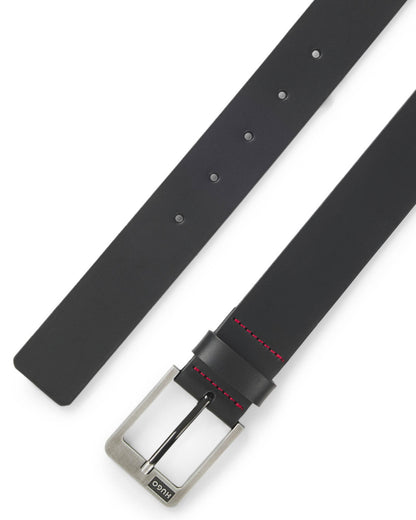 HUGO Grover Mens Italian-Leather Belt with Brushed Logo Buckle  - Black 001