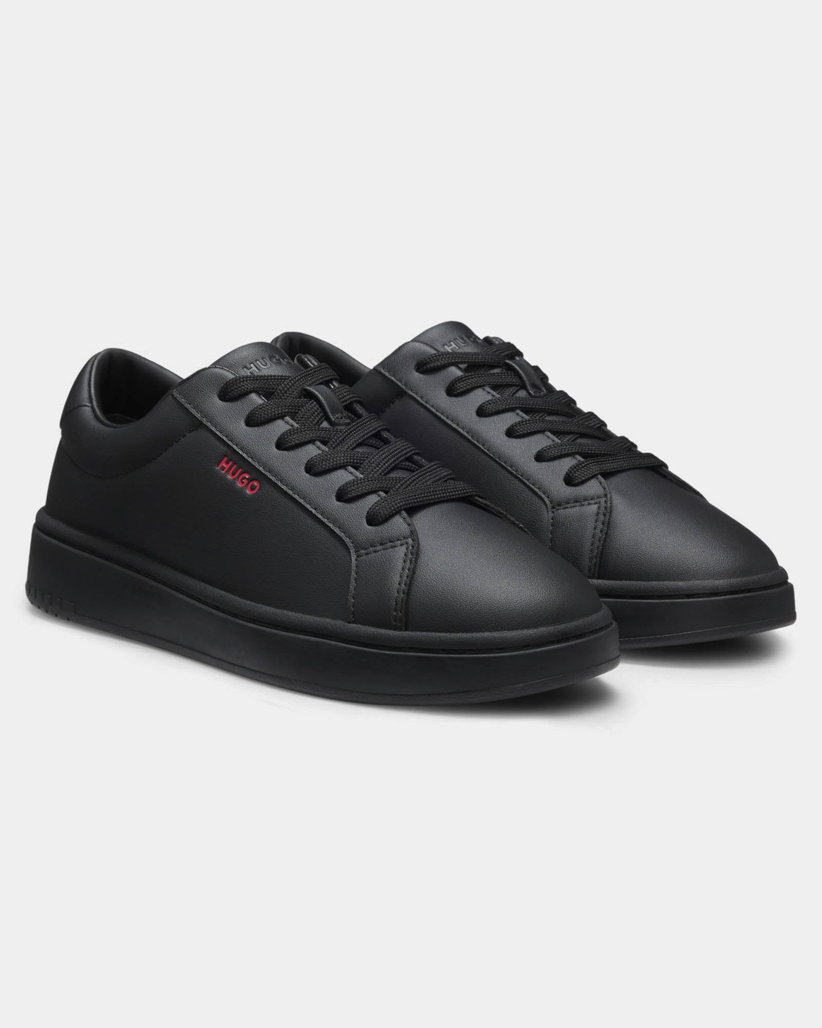 HUGO Neston Mens Contrast-Logo Trainers in Faux Leather - Black 003 | CHO | Designer Mens Trainers