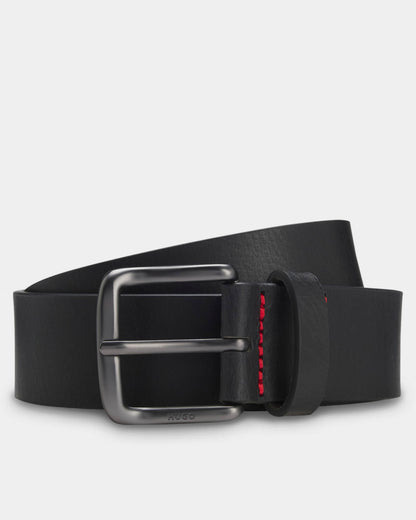 HUGO Geffrey Mens Italian-Made Belt in Buffalo Leather with Logo Buckle - Black 001 | CHO | Designer Mens Belts