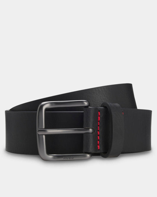 HUGO Geffrey Mens Italian-Made Belt in Buffalo Leather with Logo Buckle - Black 001 | CHO | Designer Mens Belts