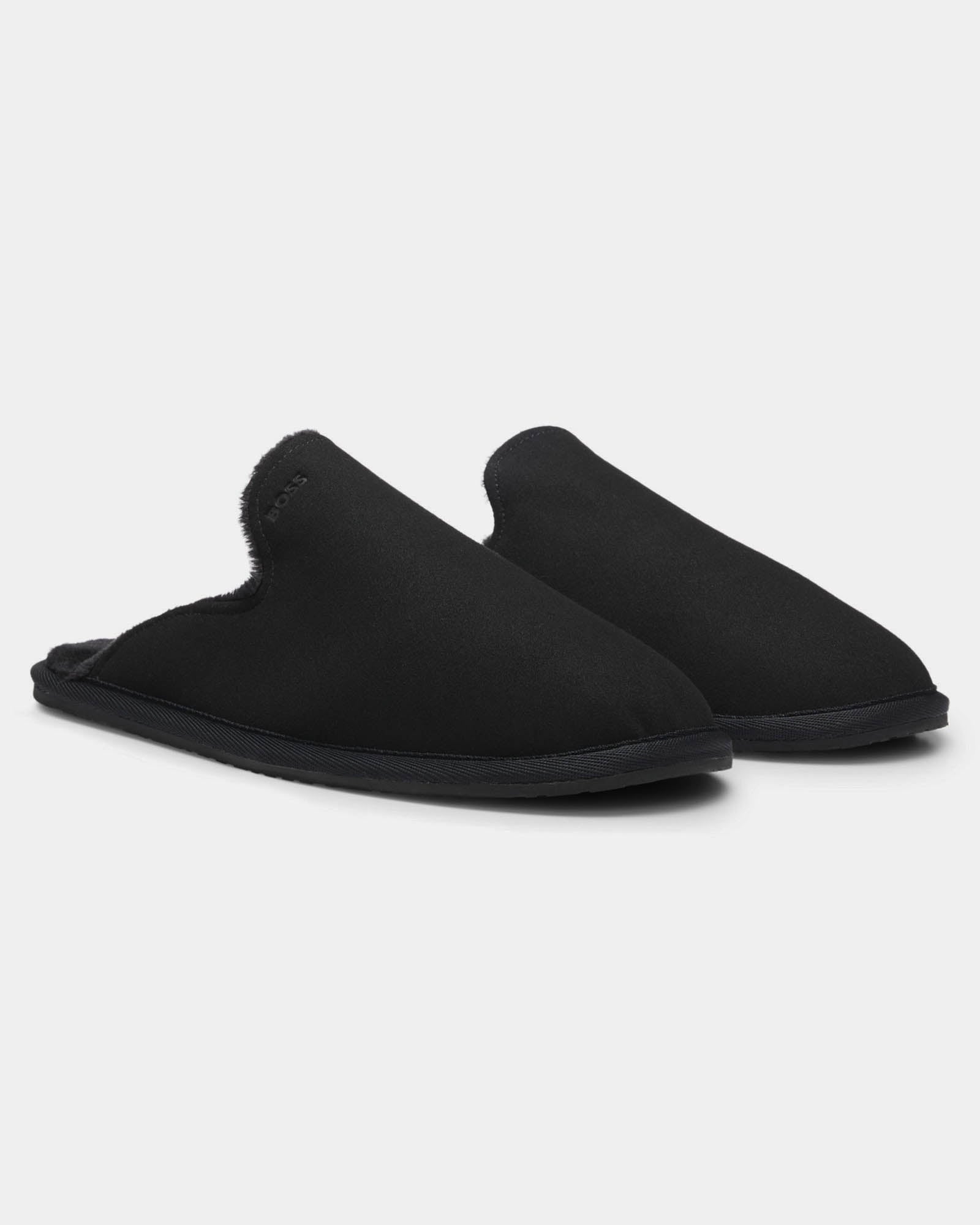 BOSS Orange Mens Shearling-lined slip-on slippers with logo detail - Black 001, pair