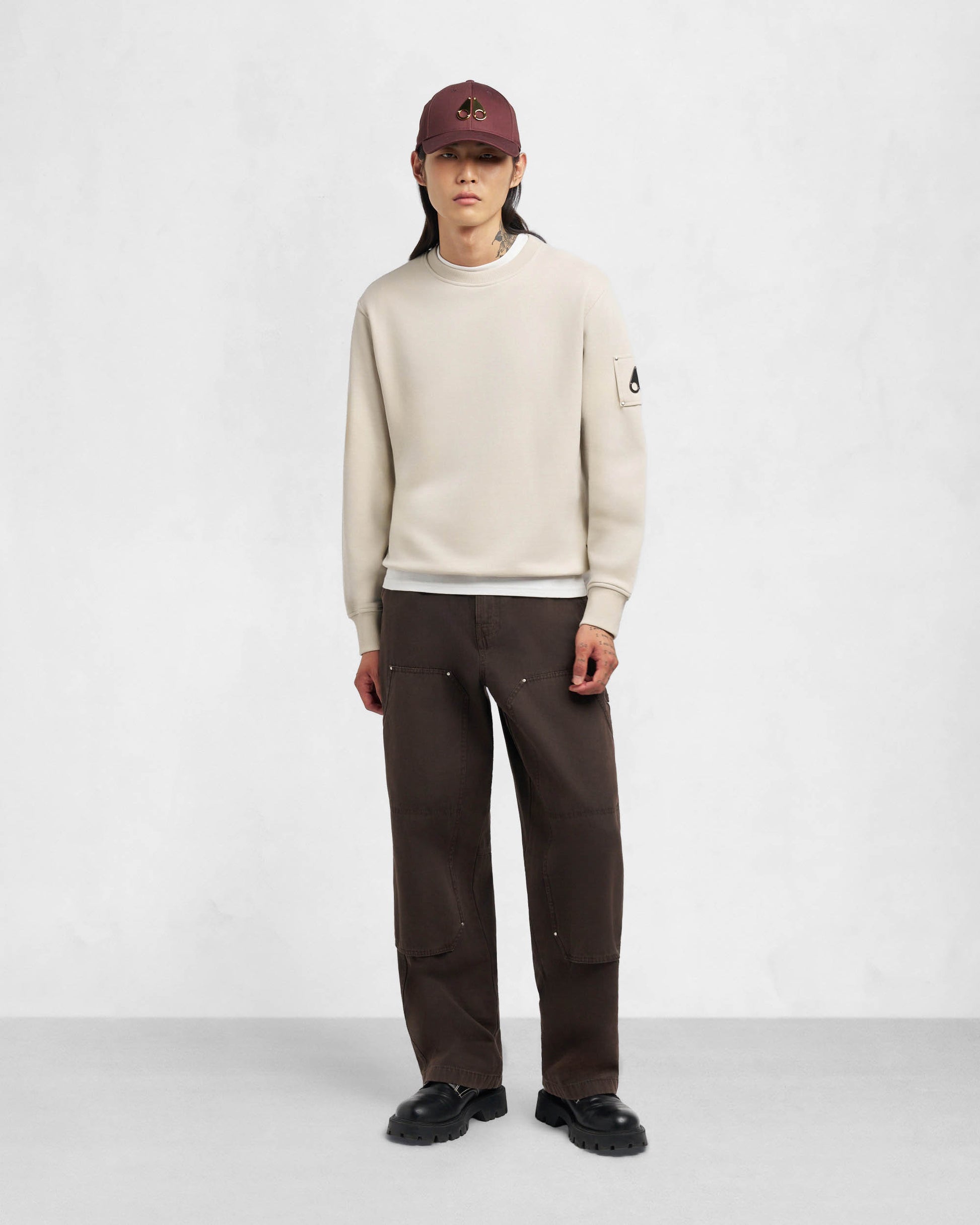 Moose Knuckles Hartsfield Mens Crew Neck Sweatshirt - Alabaster 1705 | CHO | Designer Mens Crew Neck Sweatshirts