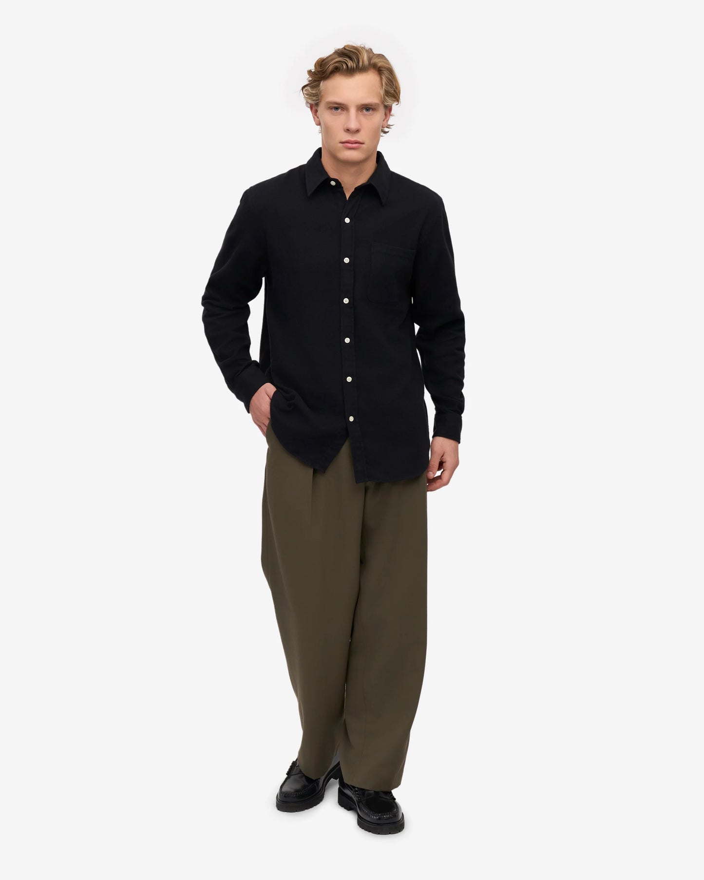 Colorful Standard Mens Organic Flannel Shirt - Deep Black | CHO | Designer Mens Long Sleeve Shirts