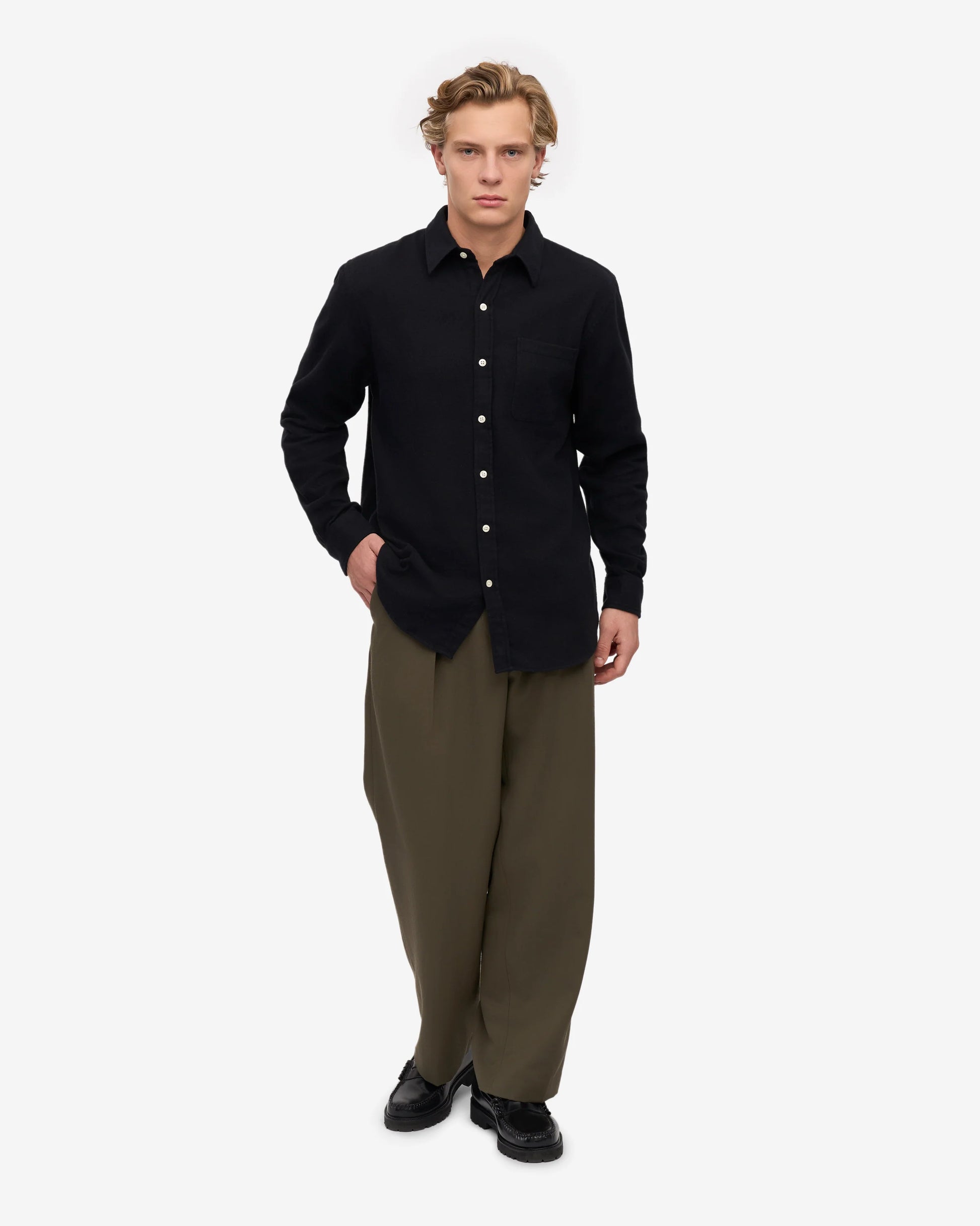 Colorful Standard Mens Organic Flannel Shirt - Deep Black | CHO | Designer Mens Long Sleeve Shirts