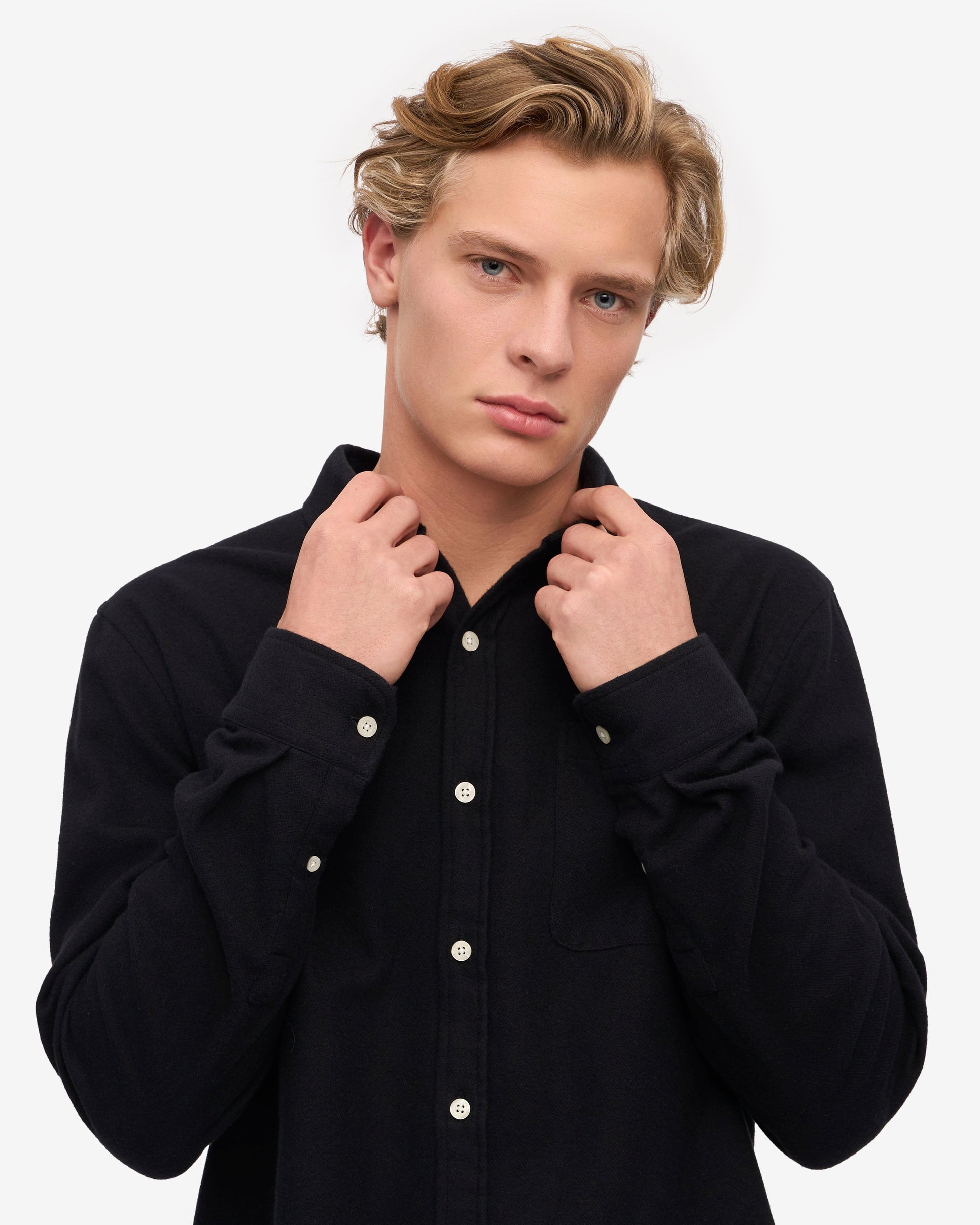 Colorful Standard Mens Organic Flannel Shirt - Deep Black | CHO | Designer Mens Long Sleeve Shirts
